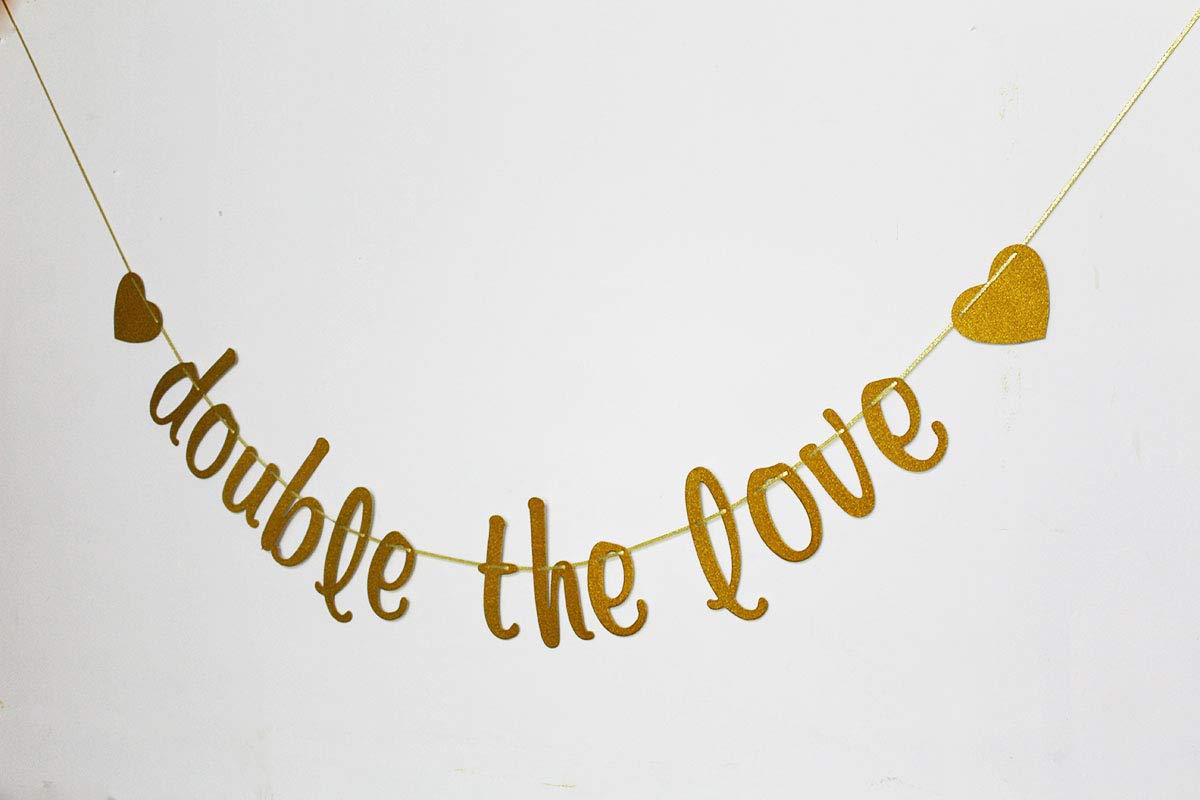 Double The Love Banner para Twins Baby Shower, banderines de revelación de género, decoraciones de fiesta con purpurina dorada