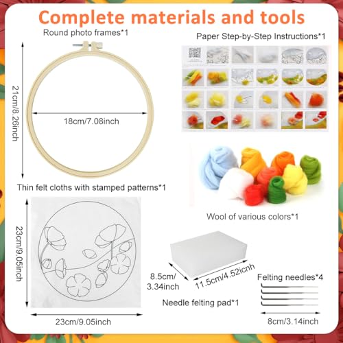 Image of PATPAT Cotton DIY Needle Felt Art Craft Kit Flower Poking Stitch Art Kit with Embroidery Punch Needles, 8.35 inches Dia Embroidery Hoop, DIY Art Gift for Kids Adults, Black