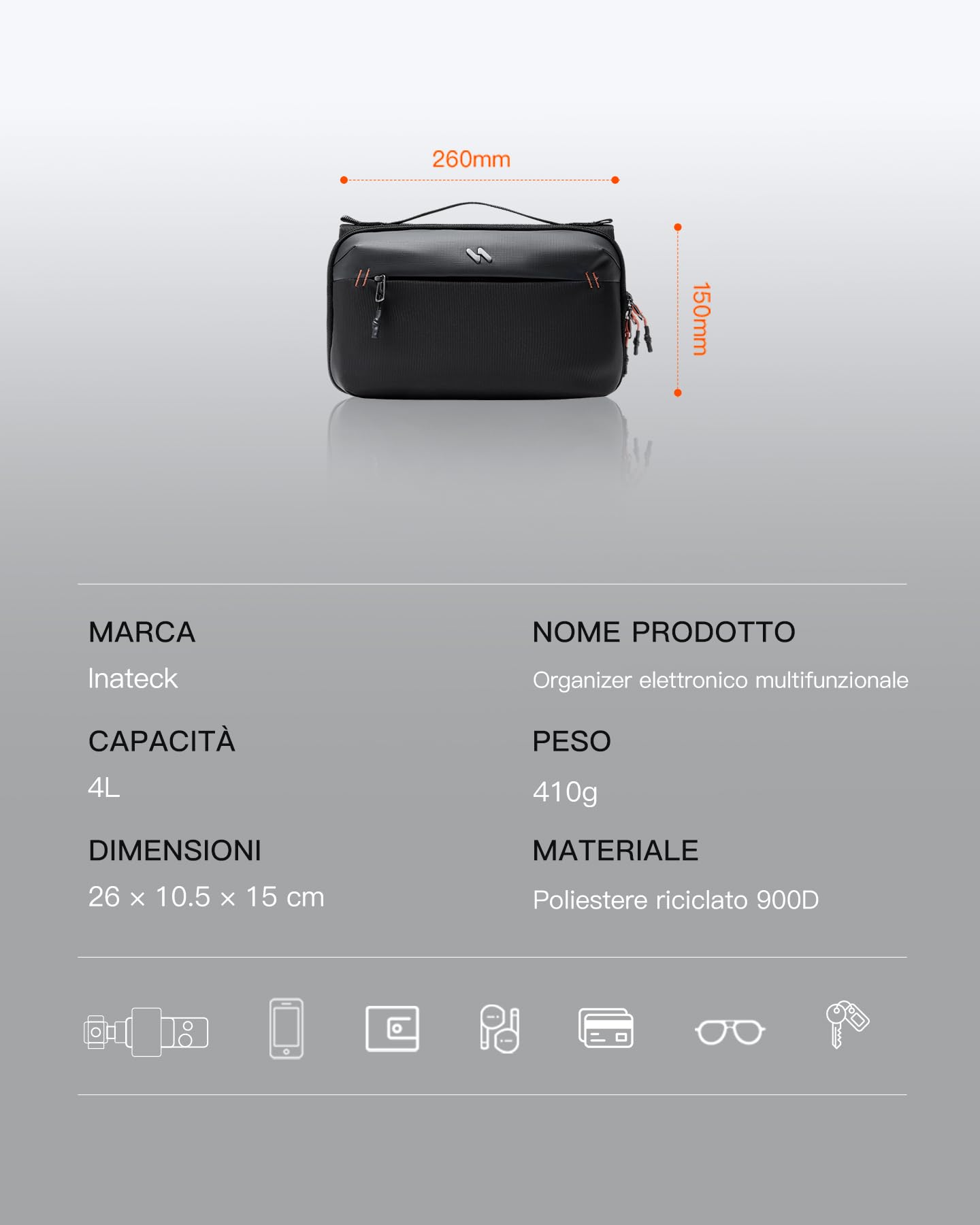 Inateck Organizzatore Elettronico Multifunzionale, Borsa Accessori per Cavi, Caricatori, Cuffie, Ideale per Viaggi, Pendolarismo e altro,Nero