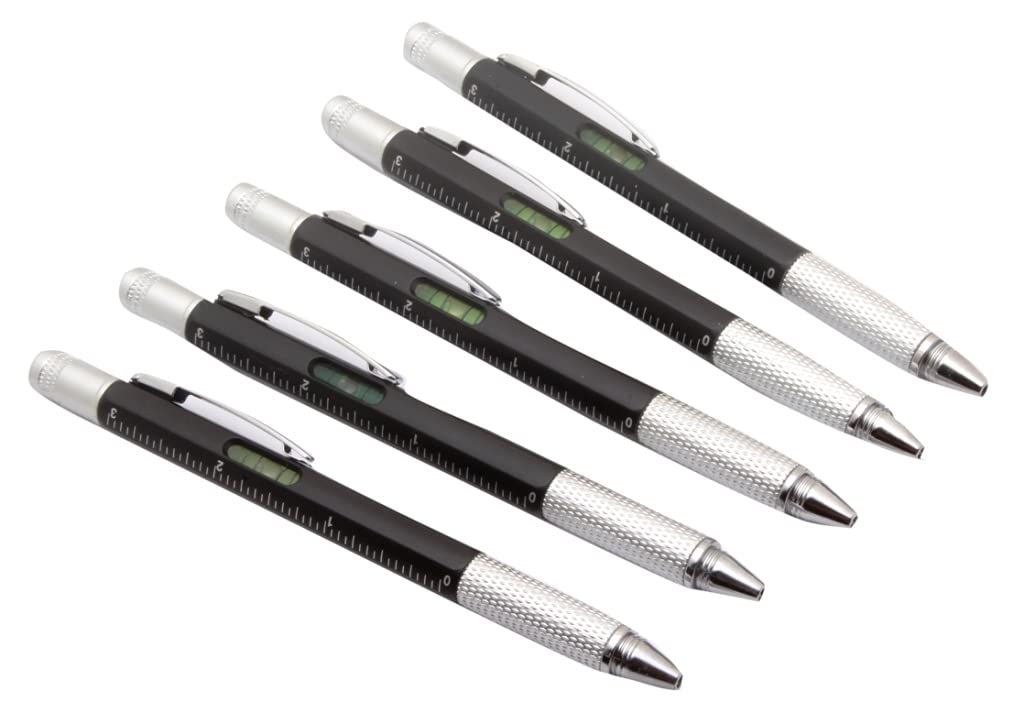 Ledos Set Of 5 5 in 1 multi-function Ballpoint Pens With 2 Screw Driver, Measuring Scale, level Indicator, For Office & School - Black
