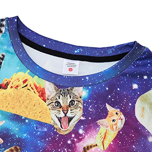 RAISEVERN Unisex Short Sleeve Taco Cat 3D Printed Cool Crew Neck Galaxy T-Shirt Pizza Pie Funny Tees Top for Men Women