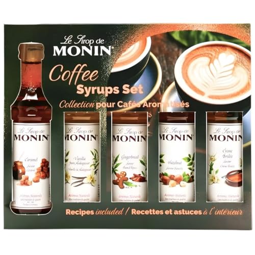 Monin Coffee Syrup Gift Set 5 x 5cl Mini Bottles Vanilla Caramel Hazelnut Crème Brûlée & Gingerbread Flavoured Syrups for Coffe Hot Chocolate & Baking Gift for Coffee Lovers