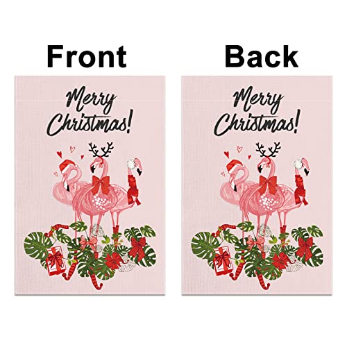 Pink Hawaiian Tropical Flamingo Christmas Garden Flag 12.5×18'' Hawaii Beach Christmas Xmas Winter Holiday Decoration Outdoor Outside Porch Yard Lawn #TOP2