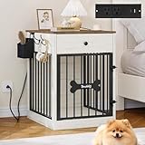 Hzuaneri 24.6'' Dog Crate Furniture with Charging Station, Dog Kennel Indoor with Flip-Top Storage, Wooden Pet Cage Dog House End Side Table for Small Dogs Anti-Chew Anti-Escape, White Brown DFC90114B