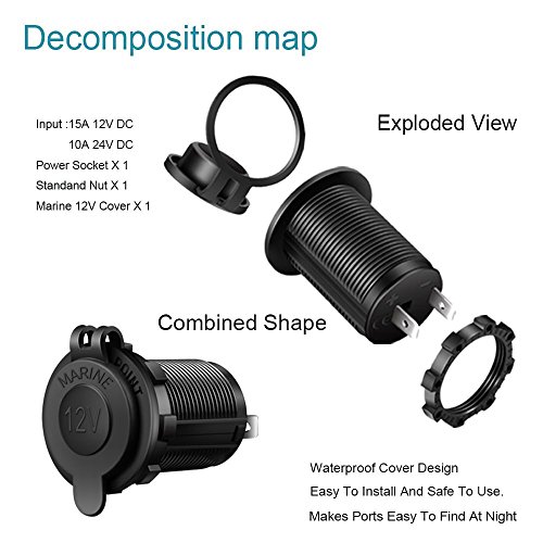 Cigarette Lighter Socket Car Marine Motorcycle ATV RV Lighter Socket Power Outlet Socket Receptacle 12V Waterproof Plug (LED Blue) by ZHSMS - Thumbnail 4