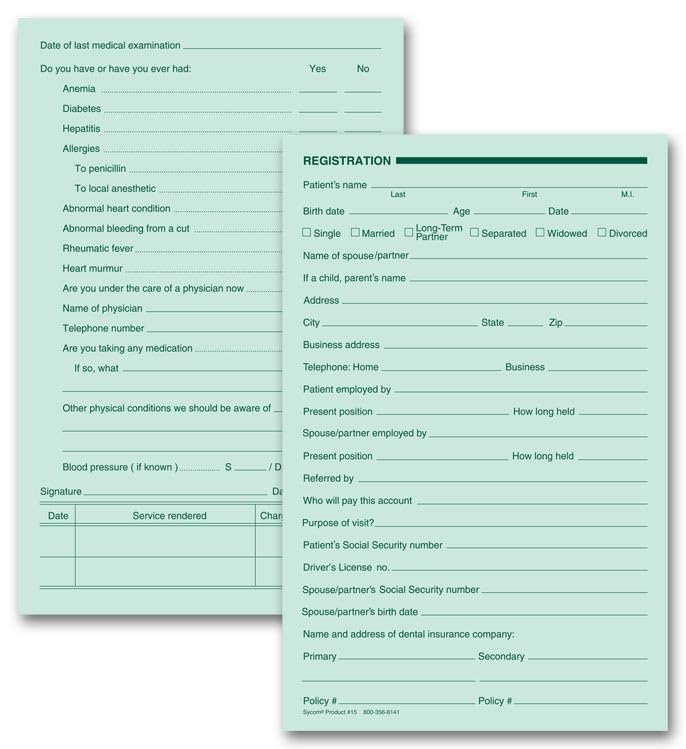 5Forms 15 Dental Registration Forms Two Sided Green Ledger 5 1/2 x 8 1/2