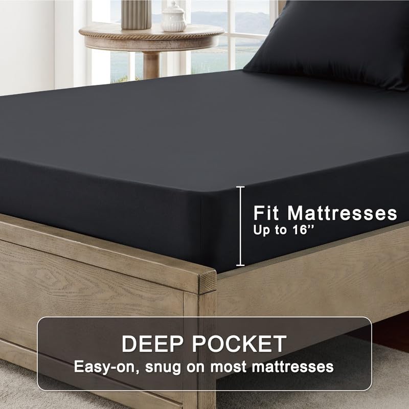 Image of FreshCulture Twin Bed Sheets - Ultra Soft Sheets for Twin Bed - Brushed Microfiber - Deep Pockets - Easy Care - Cooling & Breathable Sheets - Hotel Quality 3 Piece Sheet Set (Black)