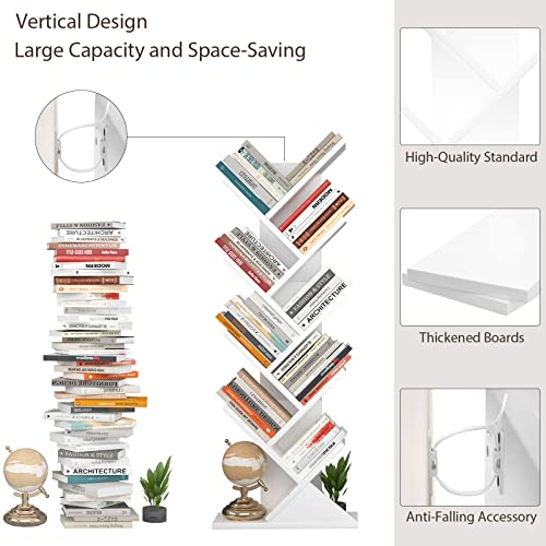 Topfurny Tree Bookshelf, 9-Tier Shelf Rustic Brown Bookcase, Retro Wood Storage Rack For Cds/Movies/Books, Anti-Fall Utility Organizer Shelves For Living Room, Bedroom, Home Office, White #TOP3