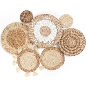 Kmise Set of 7 Boho Wall Basket Decor, Hanging Woven Wall Basket Decor, Natural Seagrass Rattan Wicker Boho Wall Decor, Eco-Friendly Rustic Round Wall Art for Farmhouse Kitchen Bedroom Living Room