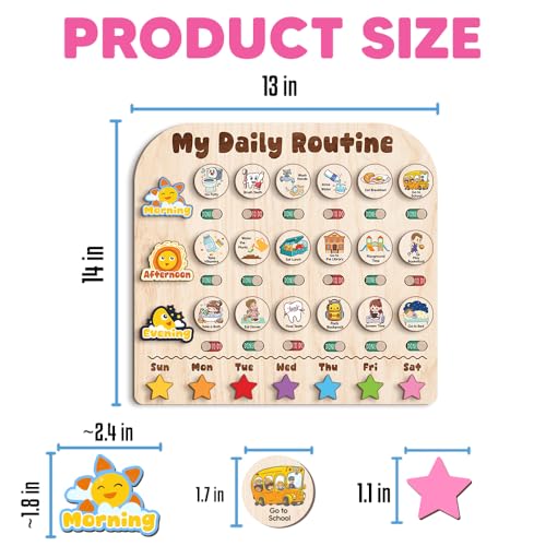 Image of Wooden Daily Routine with Stars, Chore Chart for Kids, Visual Schedule for Kids, Morning Evening Routine Chart, Preschool Routine Chart, Routine Chart for Kids