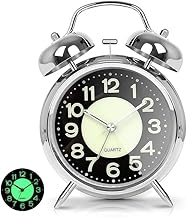 FLOITTUY Vintage Twin Bell Analog Display Table Alarm Clock with Night Led Light Heavy Slippers Extra Loud Alarm Clock Ideal for Student and Kids Bedroom (Silver)