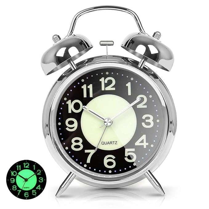 FLOITTUY Vintage Twin Bell Analog Display Table Alarm Clock with Night Led Light Heavy Slippers Extra Loud Alarm Clock Ideal for Student and Kids Bedroom (Silver)
