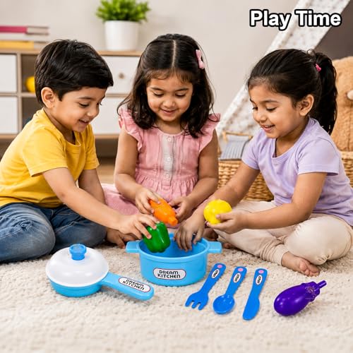 Image of WISHKEY Kitchen Cooking Pretend Play Set for Little Chef's with Accessories, Cookware, Utensils & Cute Multi-Purpose Portable Suitcase for Kids 3 Years & Above (Blue)