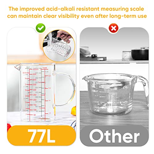 77L Glass Measuring Cup With Handle, [Double-Sided Measuring Scale, V-Shaped Spout, Insulated Handle], High Borosilicate Glass Measuring Cup With Three Scales (Oz, Cup, Ml) For Liquid (2 Cup) #TOP3