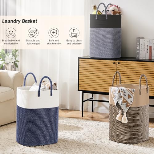 Image of Laundry Basket,Woven Cotton Rope Laundry Hamper,Versatile Storage for Dirty Clothes,Baby Toys,and Blankets in Bathroom, Nursery,and Living Room (Black, 60L)