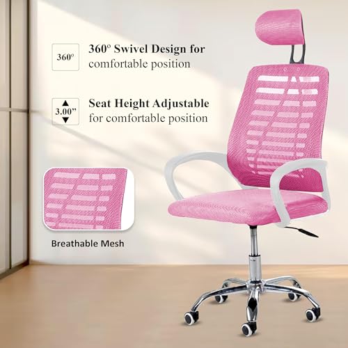 Image of Casa Copenhagen,Mesh Office Desk Chair,Rocking Chairs Ergonomic Computer Chair Adjustable High with Headrest and Comfortable Armrest Swivel Chair -Pink & White Handle