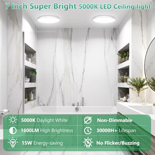 Brightever 7 Inch LED Flush Mount Ceiling Light Fixture, 15W 1600LM, Super Slim 0.67 Inch Small LED Ceiling Light, 5000K Daylight White Ceiling Lamps for Bedroom, Closet, Hallway, Non-Dimmable, 1 Pack - Image 3