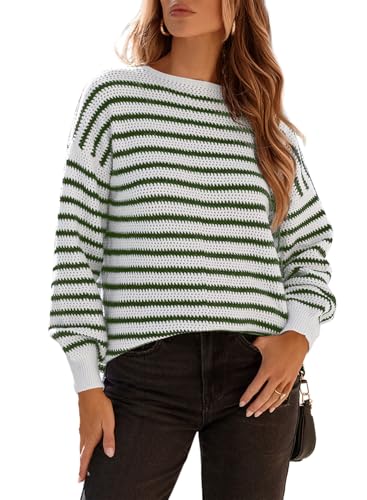 Dokotoo Sweaters for Women Crewneck Long Sleeve Striped Color Block Loose Knit Pullover Sweater Tops