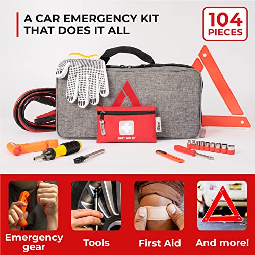 Thrive Roadside Emergency Car Kit - Car Safety Accessories And Tool Kit With Jumper Cables And Mini First Aid Kit - Car Emergency Kit For Women And Men (Gray Bag) #TOP1