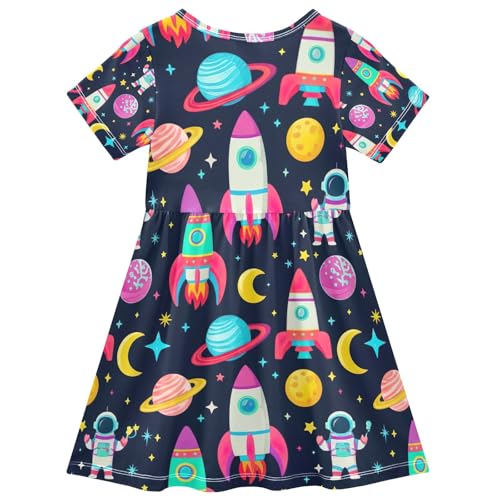 Colorful Rockets Toddler Girls Dress Short Sleeve Summer Playwear Sundress for Kids 2T-8T2