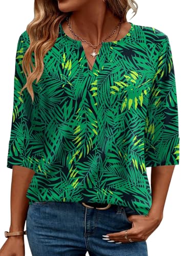 AKEWEI Elbow Length Tops for Women 3/4 Womens Dressy Summer Tops 2026 Basic Tees Casual Top Trendy Green Leaves L