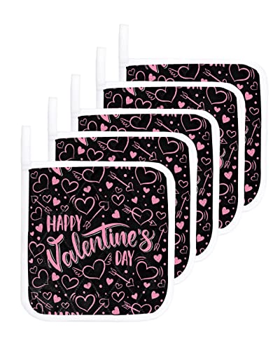 5 Packs Valentine's Day Pot Holders Sets for Kitchen,Oven Pan Plate Bowl Pads Heat Proof Mat with Hanging Loop,Thick Terry Cloth Potholders Soft Grip for Cooking Baking Pink Black Romance Love Heart