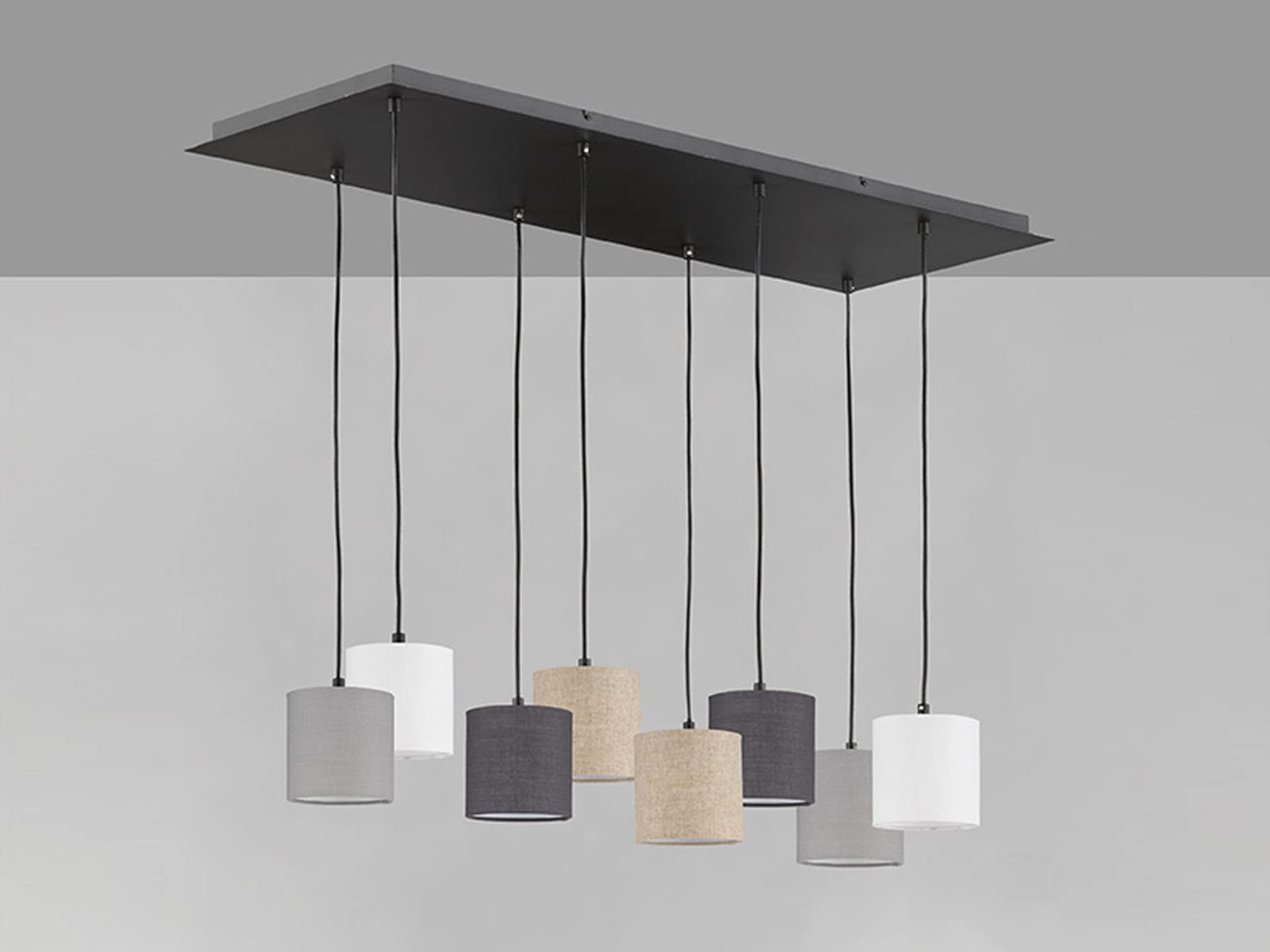 Fischer & Honsel Pendelleuchte, Isko | sandschwarz| Stoffschirm| sandfarben, hellgrau, grau, weiß - Leinen -|L: 115 cm, B: 38 cm, A: 140 cm| 8x E14 max. 25 Watt exkl. Leuchtmittel |