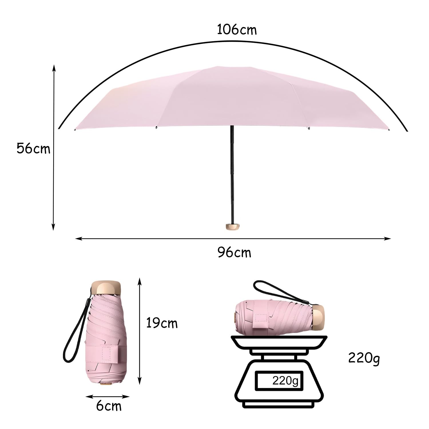 Pieghevole Viaggio Ombrello, Ombrello Piccolo, Mini Ombrello Tascabile, UPF 50 Ombrellino da Sole/Pioggia, Ombrelli da Tasca, Ombrelli Ultraleggero Portatile, Rosa