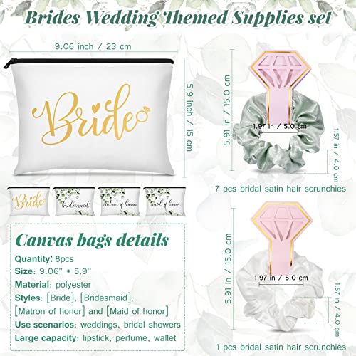 24 Pieces Bridesmaid Proposal Gifts Wedding Makeup Bag Gift Set Includes 8 Bridesmaid Makeup Bags 8 Satin Hair Scrunchies 8 Bridesmaid Compact Mirrors(Green Leaves) - Image 3