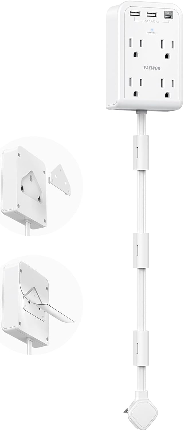 Short Power Strip 2FT - Flat Wall Extension Cord with 4AC Outlet and 3 USB Ports(1 Type C), Multi Plug Outlet Extender Small Surge Protector for Home Office Dorm, White 2 FT+4 Outlets