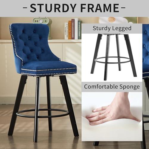 Image of YITAI Modern Swivel Set of 6 Velvet Barstools with Large Backrest and Sturdy Metal Footrest,Button Tufted Rivet Trim Dining Room Chairs with Metal Pull Ring for Kitchen Island,Home Bar,Bistro, Blue