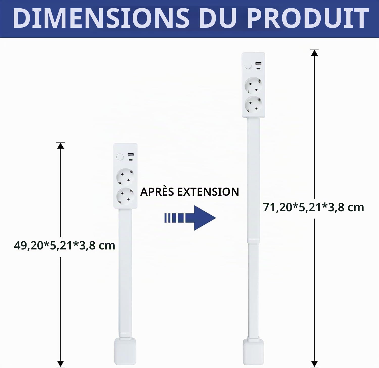 Prise murale extensible et rotative avec USB-A, USB-C et 2 prises - Idéal pour les coins étroits tels que les tables de chevet, les canapés et les bureaux.