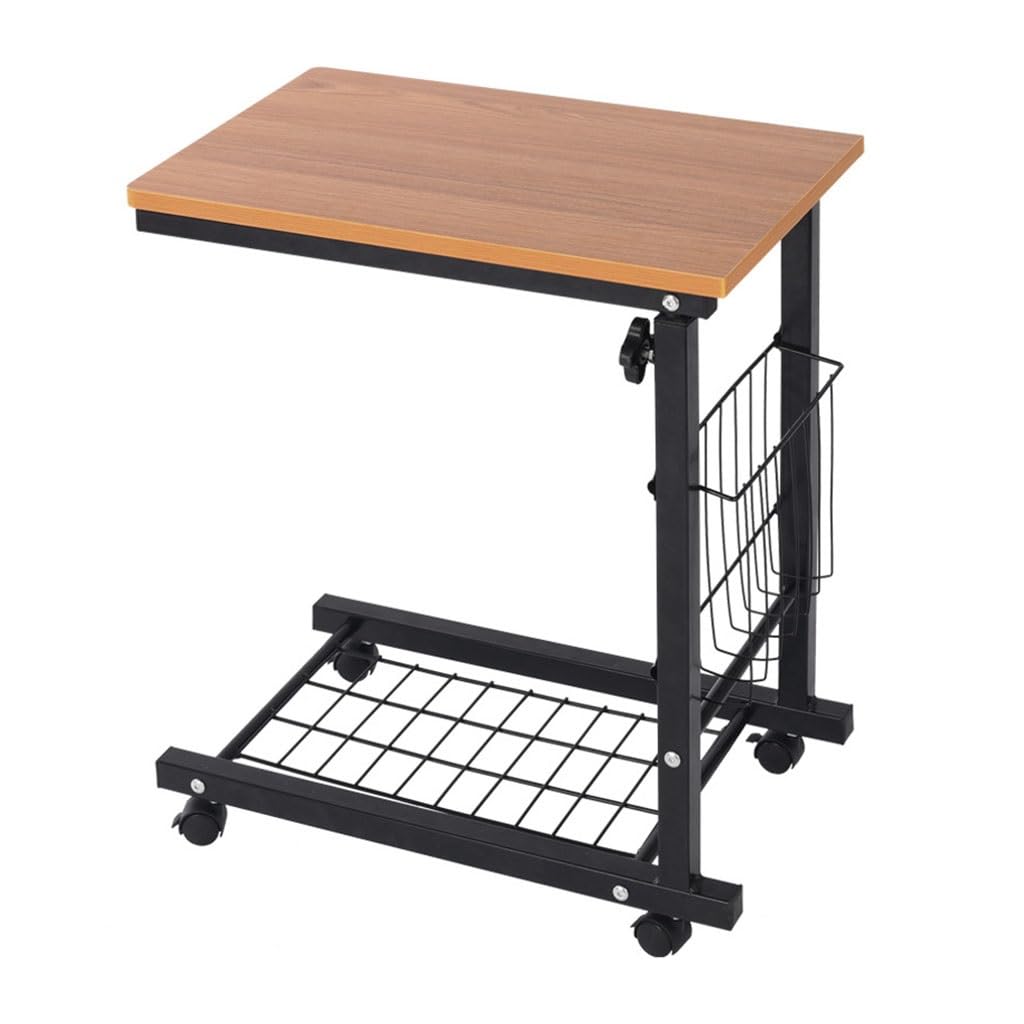 ASerZenith Storage Shelves Computer Table Height Adjustable Mobile Bedside Laptop Table Lift Small Coffee Side Table W/Wheels,Teak