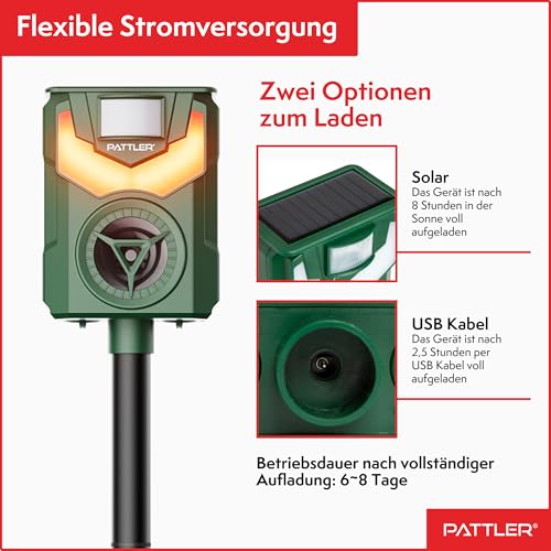 PATTLER® Solar Tierschreck, Marderschreck, Hundeschreck - Bewegungssensor mit 10m Reichweite - Flammenlicht zur Abschreckung - effektiv gegen Hunde, Vögel, Marder – 1 Stück