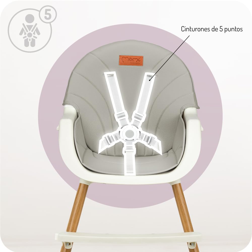 MoMi REKI Trona Bebé 3 en 1 Evolutiva, Trona hasta 36 Meses y Silla Infantil hasta 5 Años, Fácil de Limpiar, Bandeja Desmontable, Arnés de Seguridad, Reposapiés, Juguete Incluido, Gris