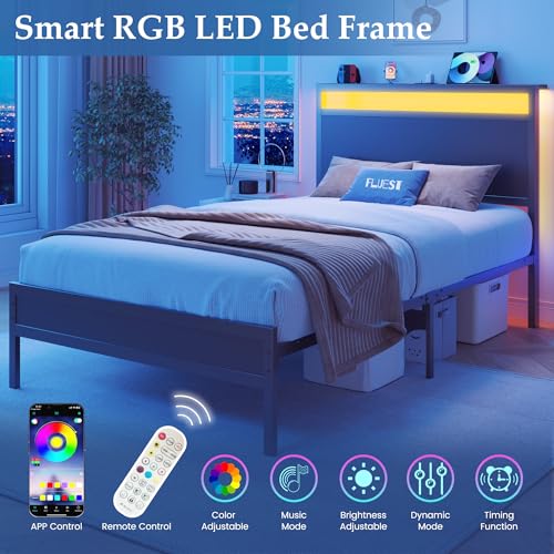 Image of Fluest Twin Bed Frame with Headboard & Footboard, Twin Bed Frame with Charging Station & LED Light, Under-Bed-Storage, No Box Spring Needed, Noise Free, Easy Assembly, Classic Black