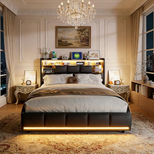 BRYXR 160 x 200 Polsterbett, Doppelbett mit LED-Beleuchtung und USB-Anschluss, Vielseitiges Boxspringbett mit Hydraulischem Stauraum, elegantem Design und robustem PU, ohne Matratze – Schwarz