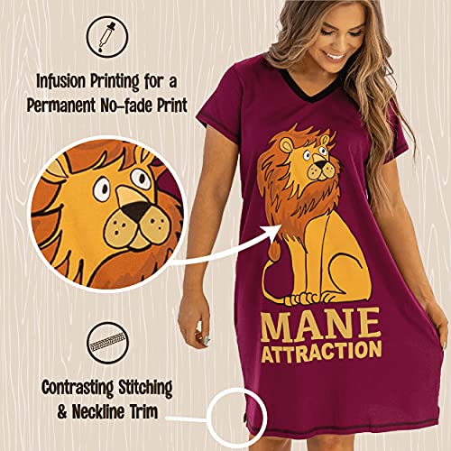 Image of Lazy One Women's Novelty Nightshirt - Mane Attraction Lion Cotton Nightgown, Sleep Shirt, Women's Sleepwear, S /M