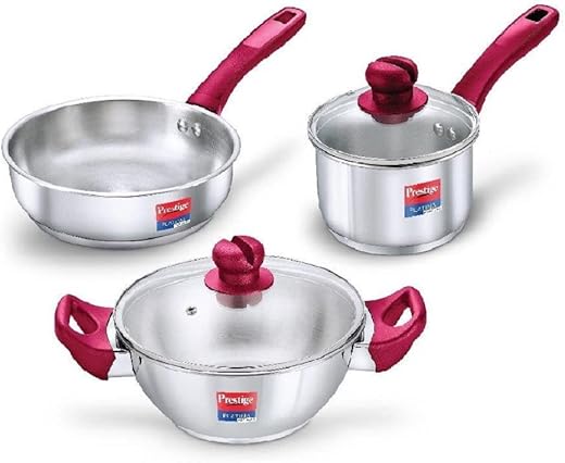 Prestige Stainless Steel 3 Pc Cookware Set with 2 Glass Lids | Platina Popular | Fry Pan 22cm/1.9L | Kadai 22cm/2.25L | Sauce Pan 16cm/1.5L | Gas &…
