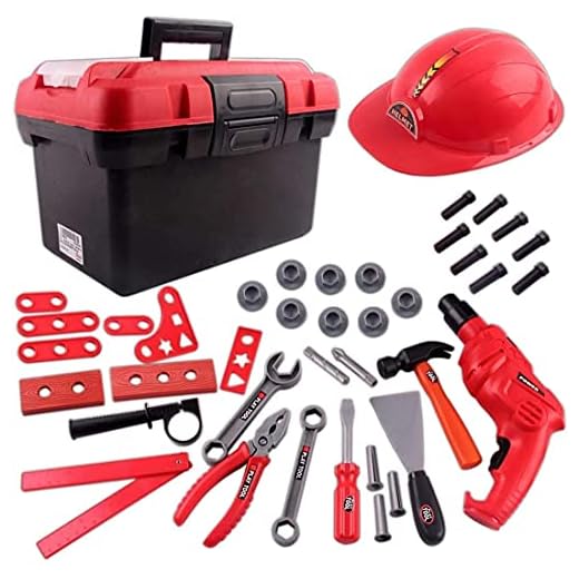 deAO Caja de Herramientas Juego Infantil Playset Conjunto de Herramientas de Taller y Bricolaje Maletín de Plástico Portable Incluye Taladro Eléctrico de Juguete, Casco y 38 Accesorios