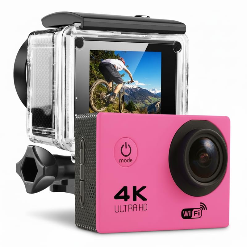 Drumstone【𝟏𝟓 𝐘𝐞𝐚𝐫𝐬 𝐖𝐚𝐫𝐫𝐚𝐧𝐭𝐲 4K Ultra HD Pink Action Camera 20MP with 170° Wide Lens, WiFi, Remote, Waterproof Housing and Multi-Accessory,Travel and Underwater Footage