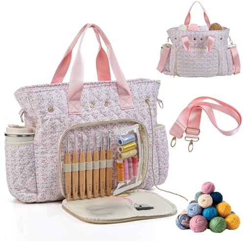 SilTriangle Large Pink Floral Quilted Crochet Knitting Bags and Totes Organizer Cotton Yarn Hook Bag Holder Christmas Corduroy Gift for Crochet Lover Crocheting Accessories, Needle with Zipper, Size L