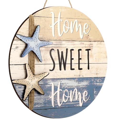 Wesiti Beach Front Door Decor Home Sweet Home Wall Hanging Decor Summer Starfish Style 3D Round Wood Farmhouse Sign for Living Room Bedroom