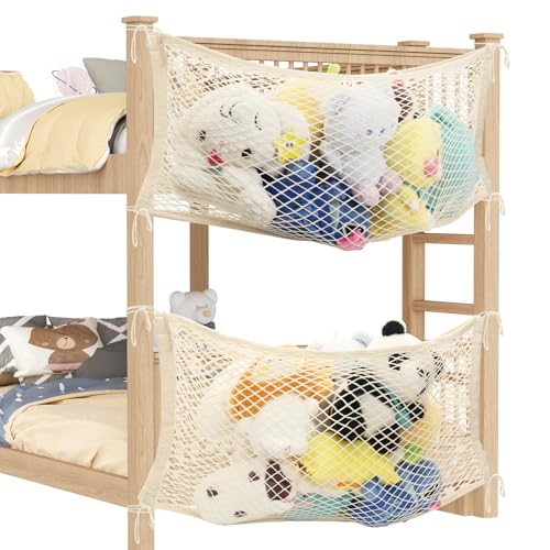 LAHAQIQI Spielzeug Kuscheltier Aufbewahrung Netz für KinderzimmerBettseite Stofftier Organizer Hängend Baumwolle Netztasche mit Tethe für Kinder (Beige 2 Stück)