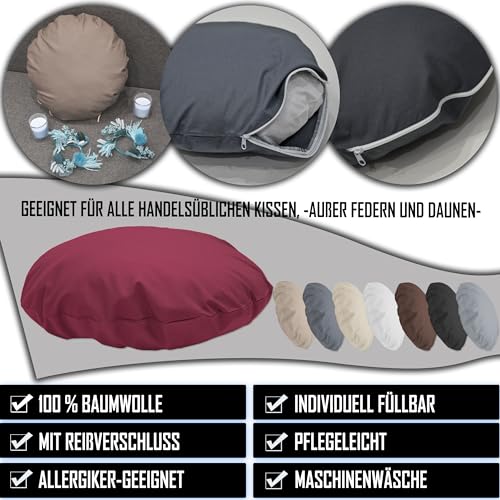 Nurtextil24 Kissenbezug Rund 80cm Ø Durchmesser Graubraun Reißverschluss Bodenkissen Sitzkissen Rundkissen Stuhlkissen 100% Baumwolle Bettkissen Sofakissen Kopfkissen Hülle Überzug