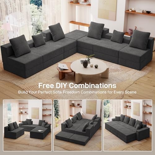 Living&Giving 128" U-Shaped Cloud Sectional Couch for Living Room, Cloud Boneless Couch-No Assembly with Reversible Chaise, Customizable 4-Seat Modular Sectional Sofa with 3 Ottoman,Dark Grey - 5