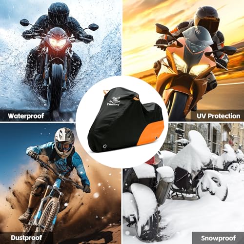 Image of Motorcycle Cover Waterproof All Season Outdoor Protection, Fits up to 96 Inch, Compatible with Sport Bikes & Cruisers with Locking Holes & Reflective Strips (Black&Orange)