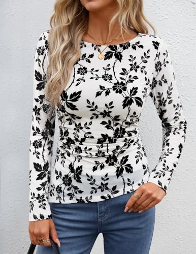 Image of ZESICA Womens Floral Long Sleeve Shirts 2026 Spring Boat Neck Mesh Ruched Tops Fitted Asymmetrical Going Out Blouses