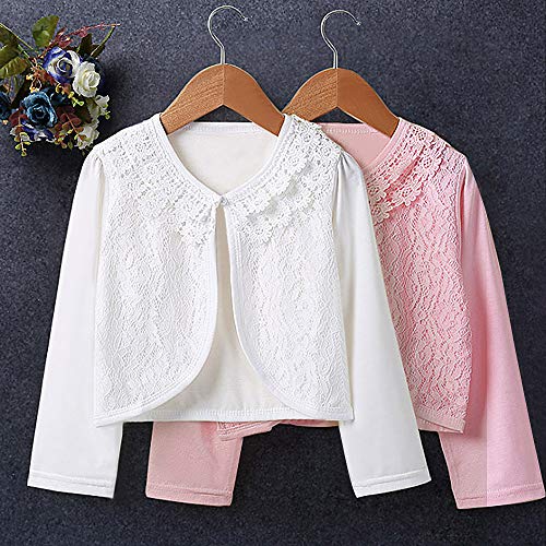 Image of Girls Long Sleeve Bolero Cardigan Shrug Beaded Lace Cotton Flower Jacket Shrug Short Cardigan Dress Cover Up (Pink, 4 /5)