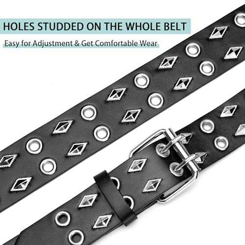Image of Grommet Belts for Women Men, Studded Black Leather Belt for Jeans - Black with Rhombus, S